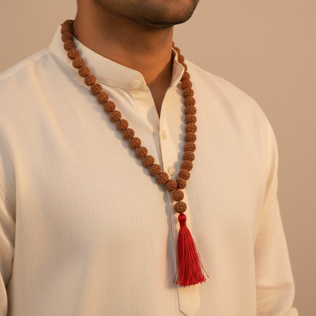 5 Mukhi Rudraksha Mala Close-up - Small Beads Worn