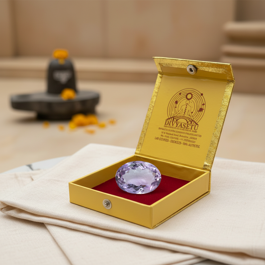 Amethyst Stone in DivyaSetu Gold Box - Clean Product Shot