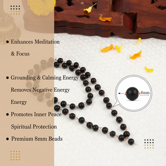 Black Beaded Mala Benefits with 8mm Bead Detail