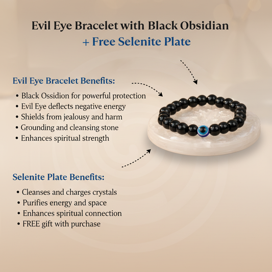 Black Obsidian Evil Eye Bracelet + Free Selenite Plate Benefits