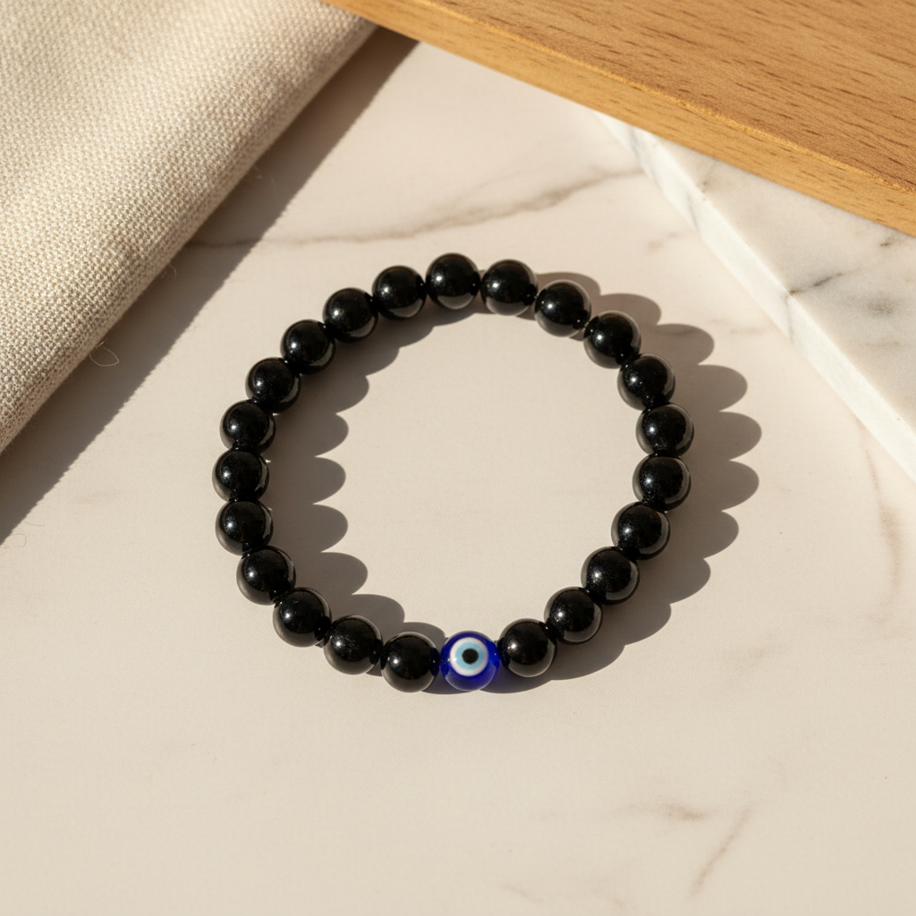 Black Onyx Evil Eye Bracelet Flat Lay