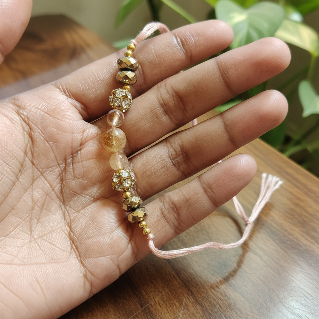 Citrine Pyrite Rakhi in Hand - BG Changed