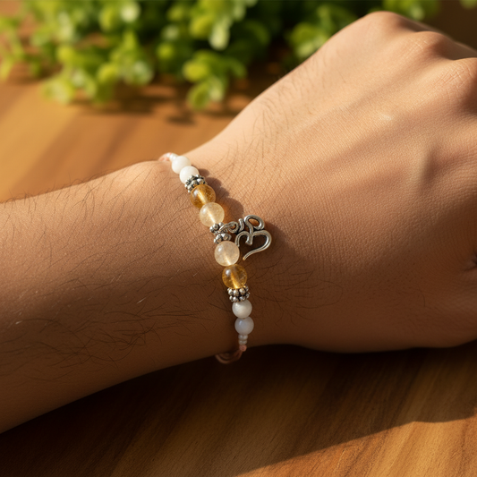 Divya Citrine Moonstone Rakhi on Man's Wrist - Close-up