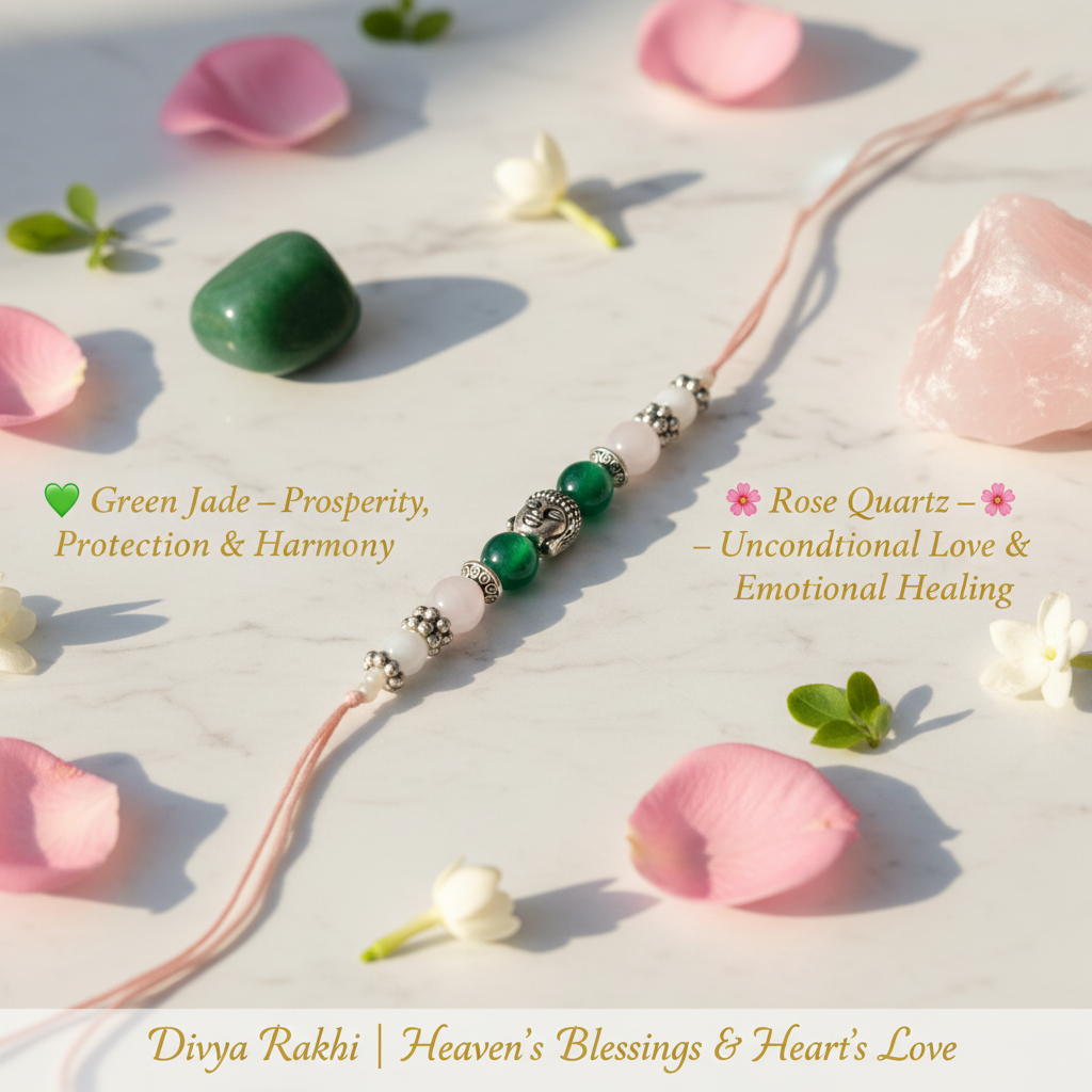 Divya Green Jade Rose Quartz Rakhi Benefits Image