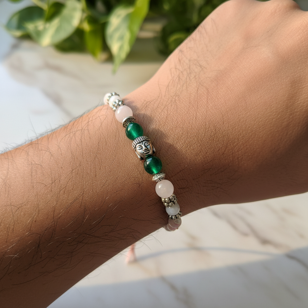 Divya Green Jade Rose Quartz Rakhi on Man's Wrist