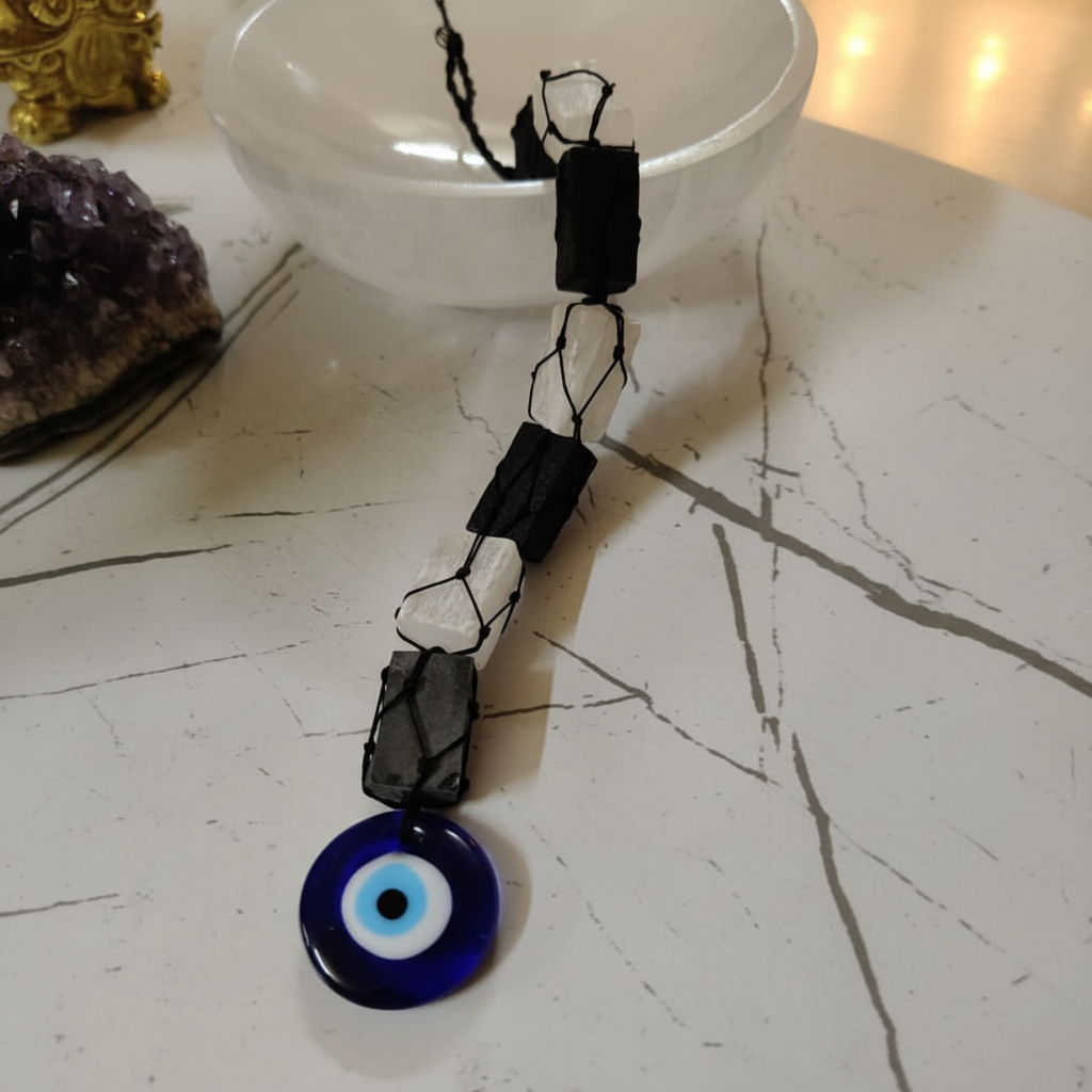 Evil Eye Selenite Hanger - Marble