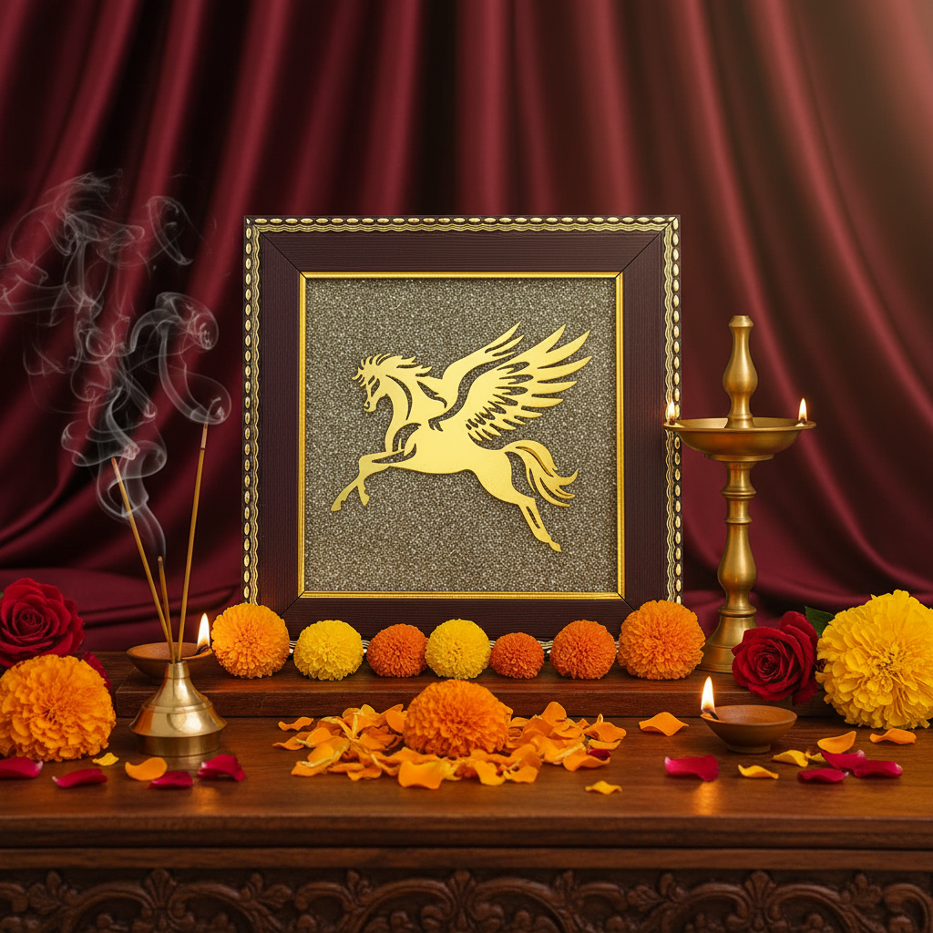 Flying Horse on Pyrite Frame with aesthetic temple background