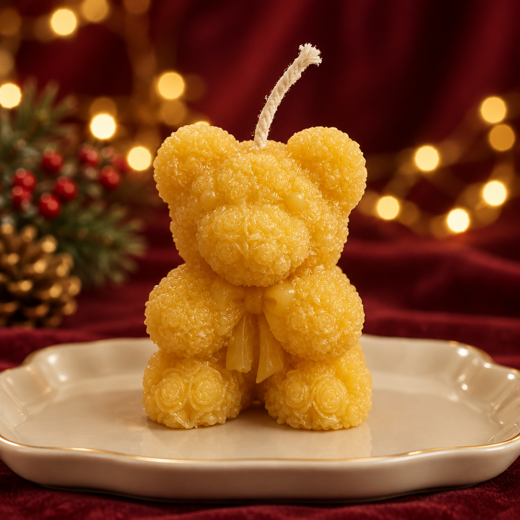 Golden-yellow Teddy Candle with festive lights