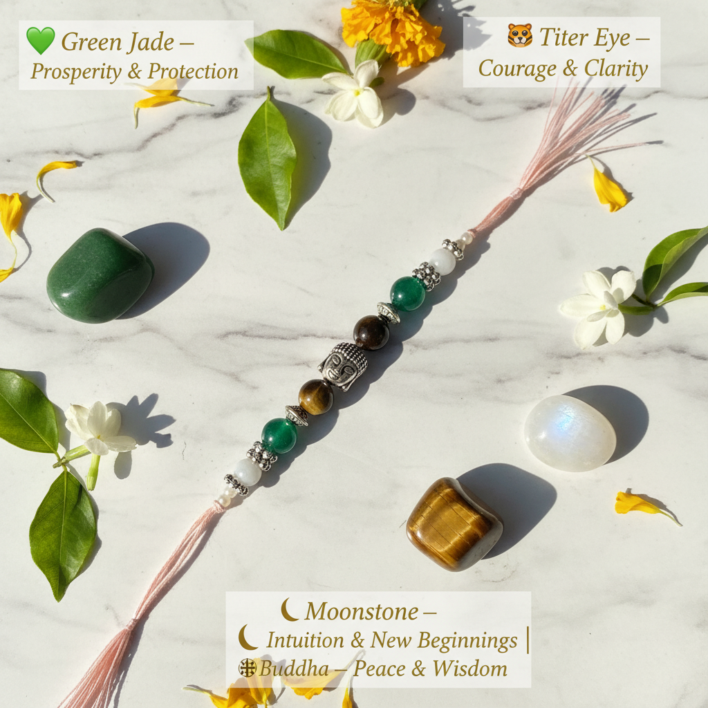Green Jade Tiger Eye Moonstone Rakhi Benefits Image
