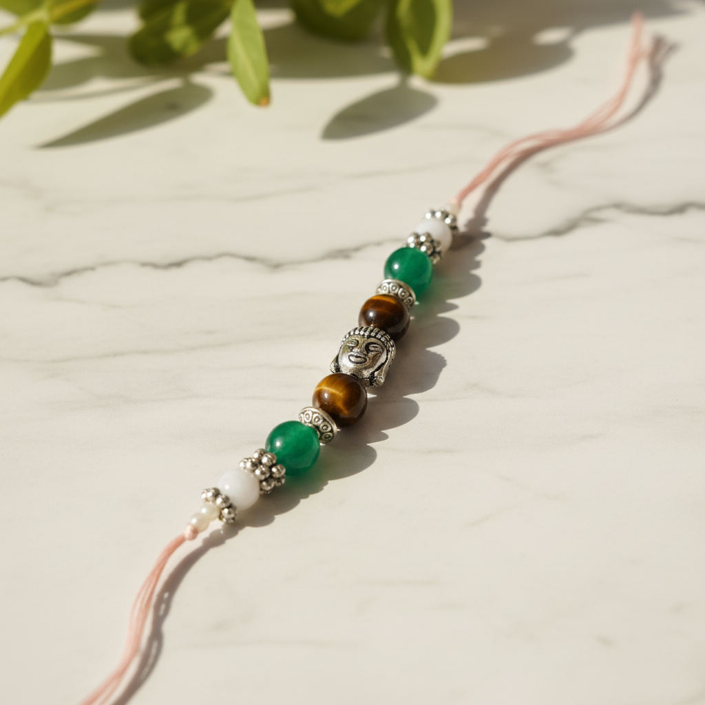 Green Jade Tiger Eye Moonstone Rakhi Flat - BG Changed