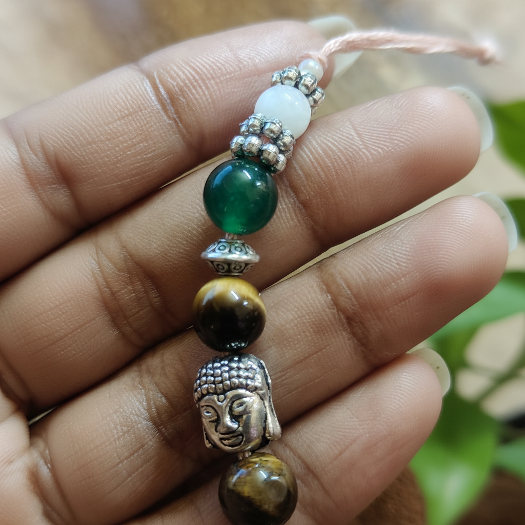 Green Jade Tiger Eye Moonstone Rakhi Macro - BG Changed