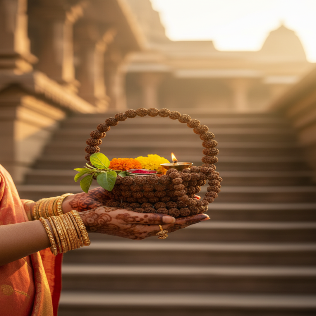 Hands Holding Rudraksh Basket with Puja Samagri