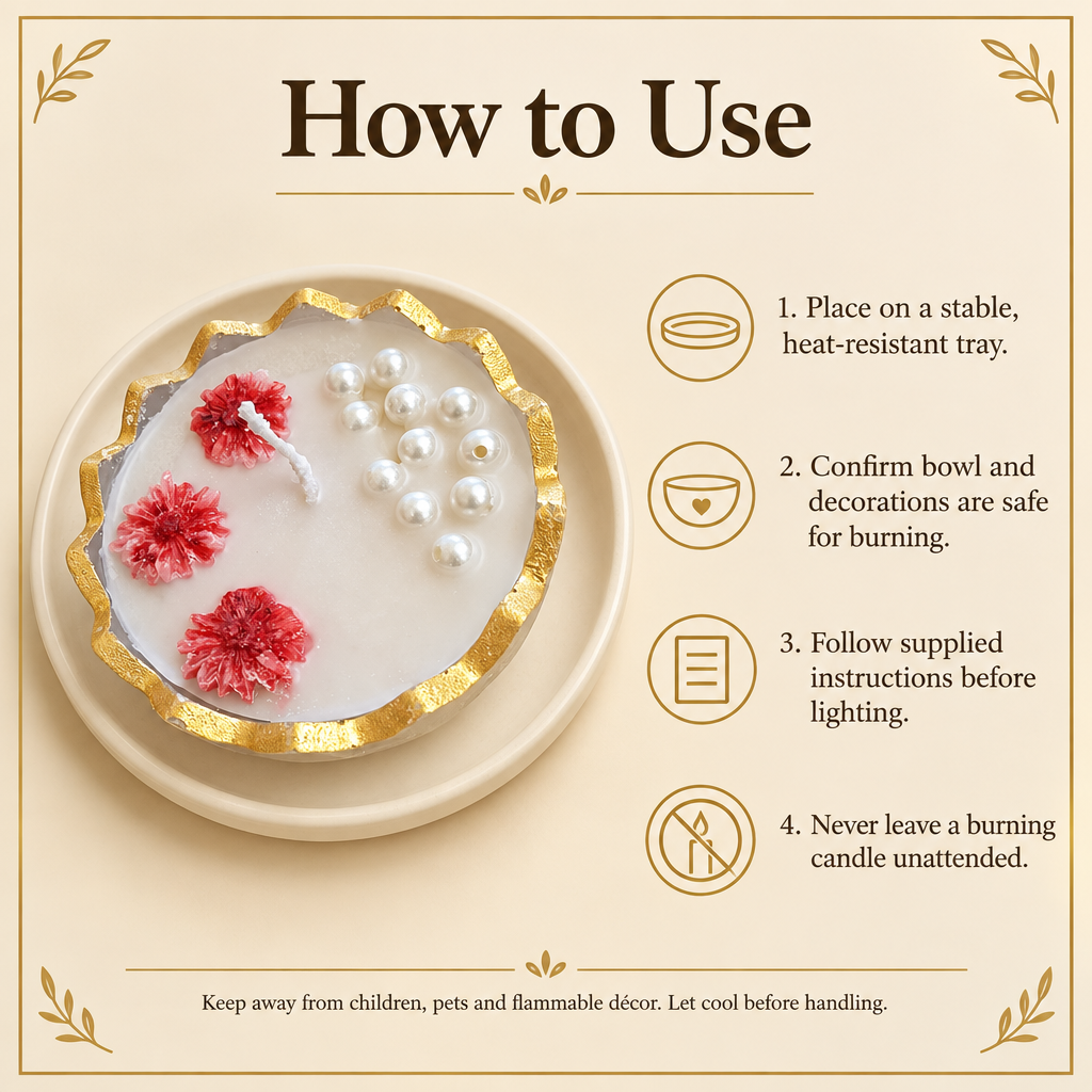 How to use the floral bowl candle, with placement and safety instructions