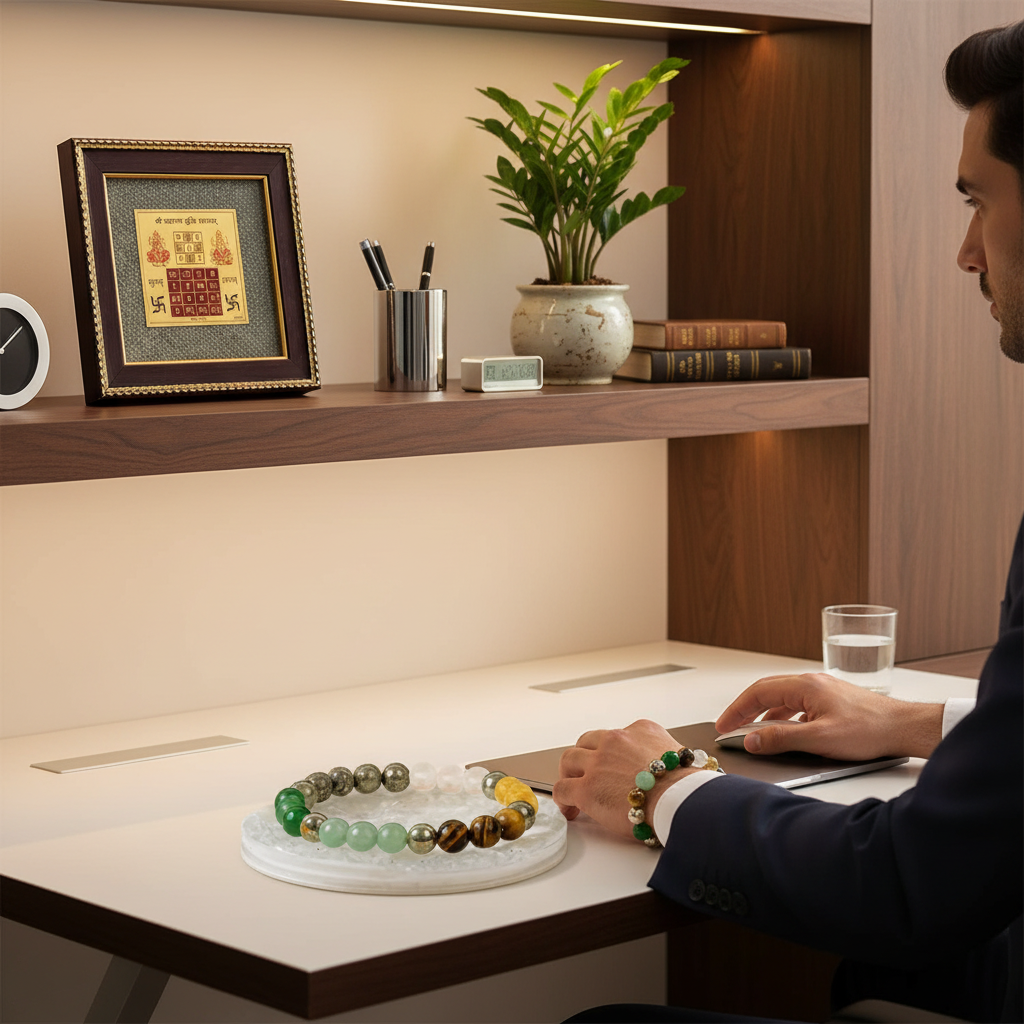 Kuber Yantra in office with man wearing prosperity bracelet