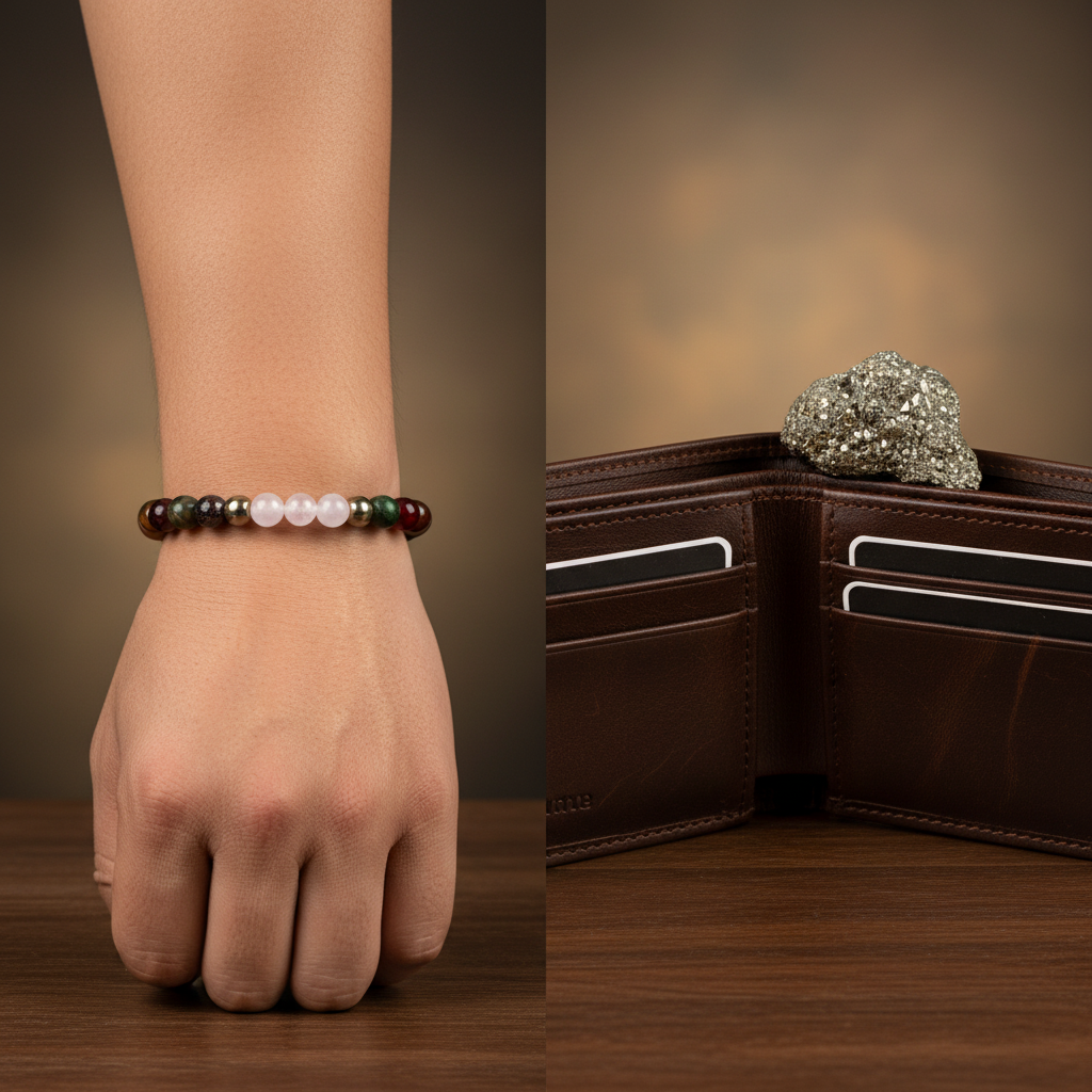 Man wearing Dhan Vridhi bracelet and wallet with pyrite stone