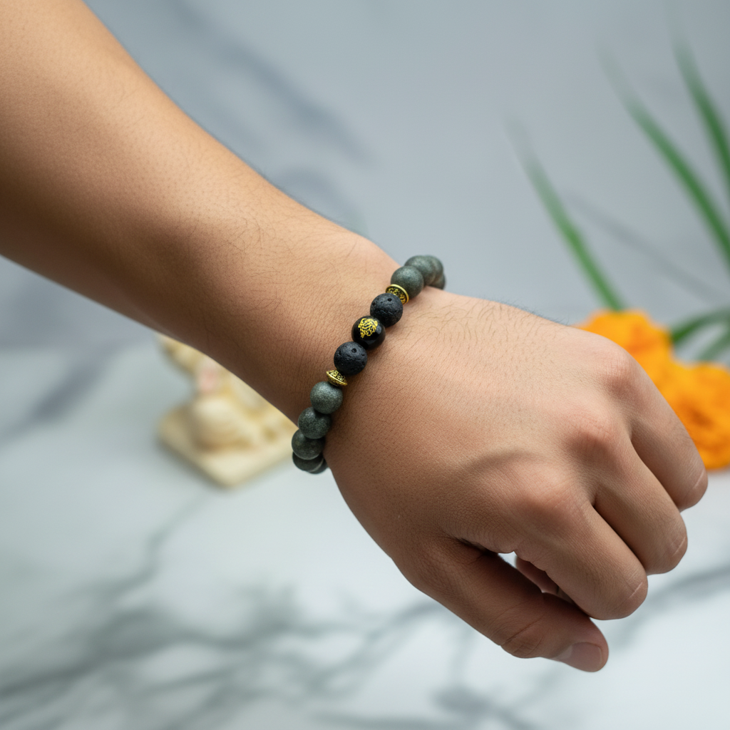 Man wearing Ganesha bracelet with Labradorite and Lava Stone - wrist shot