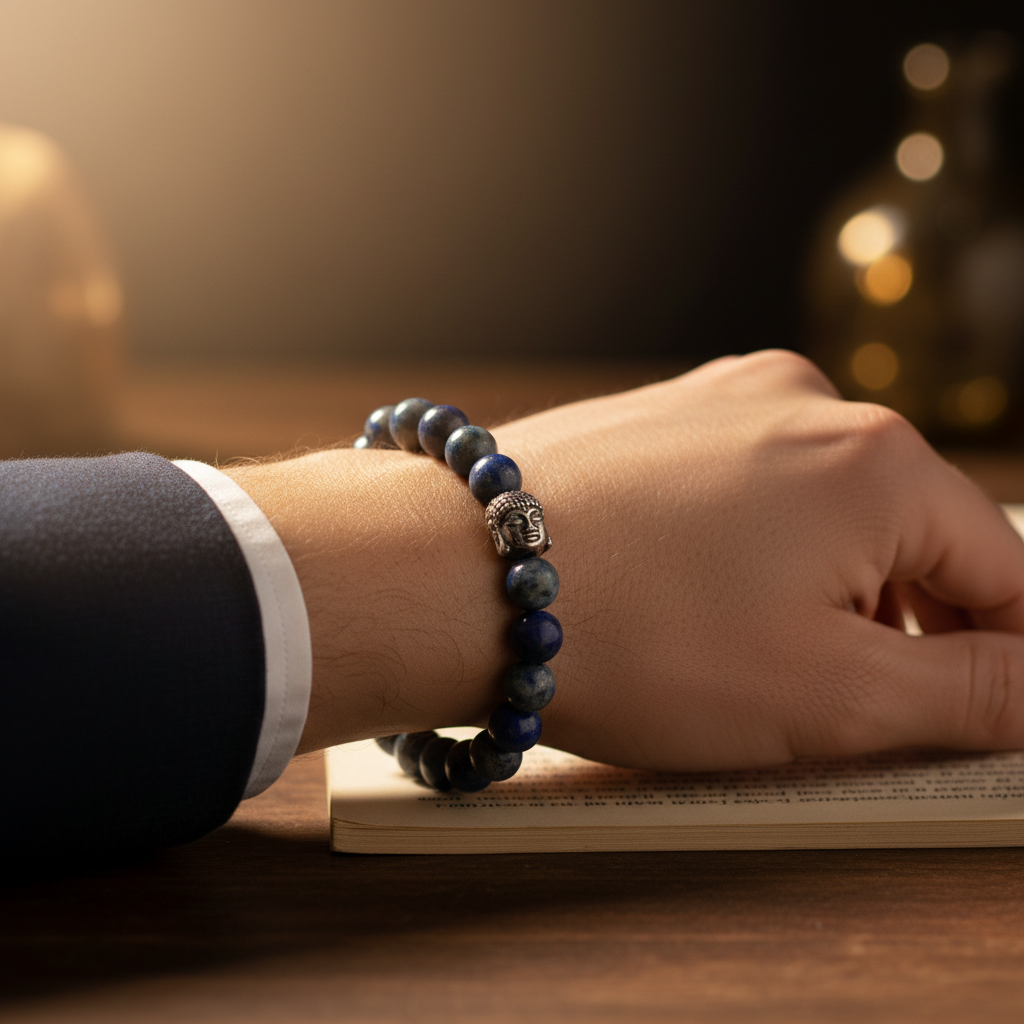 Man wearing Lapis Lazuli bracelet with Buddha charm - wrist shot