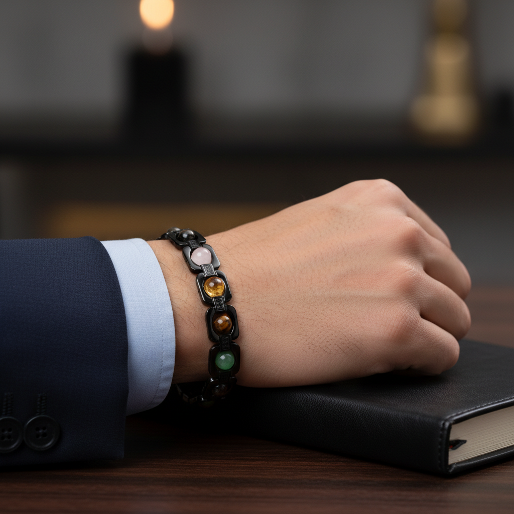 Man wearing Metal Dhan Yog Bracelet - Black - wrist shot