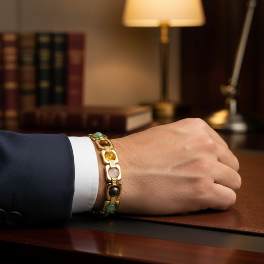Man wearing Metal Dhan Yog Bracelet - Gold - wrist shot