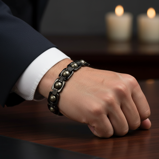 Man wearing Metal Raw Pyrite Bracelet - Black - wrist shot