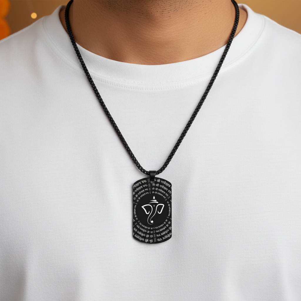 Man wearing Siddhi Vinayak Kavach with white shirt - neck focused shot