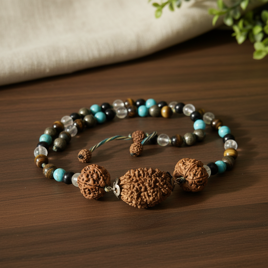 Multi-Stone Rudraksha Mala Flat Lay