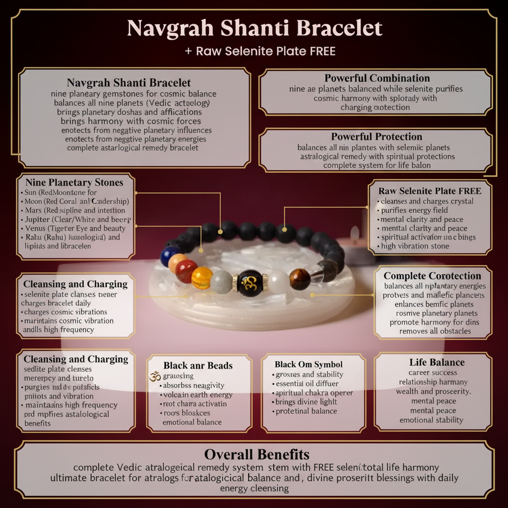 Navgrah Shanti Bracelet with Raw Selenite Plate FREE benefits