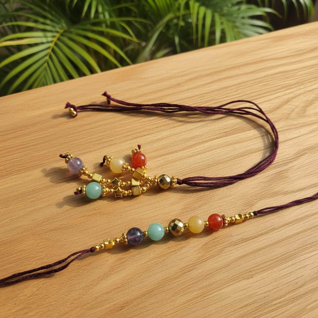 Navratna Rakhi Flat-lay - Real Product, Plants & Wood BG