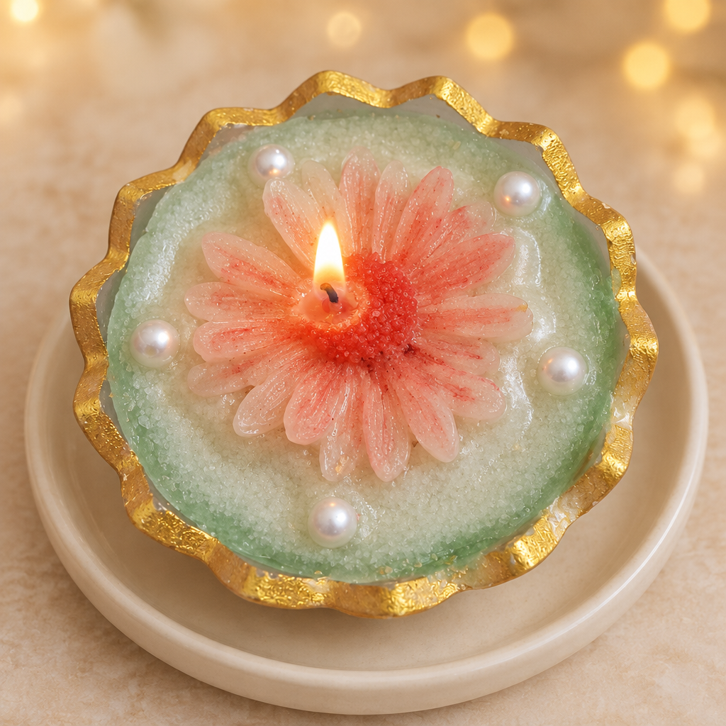 One burning floral bowl candle with a warm glow