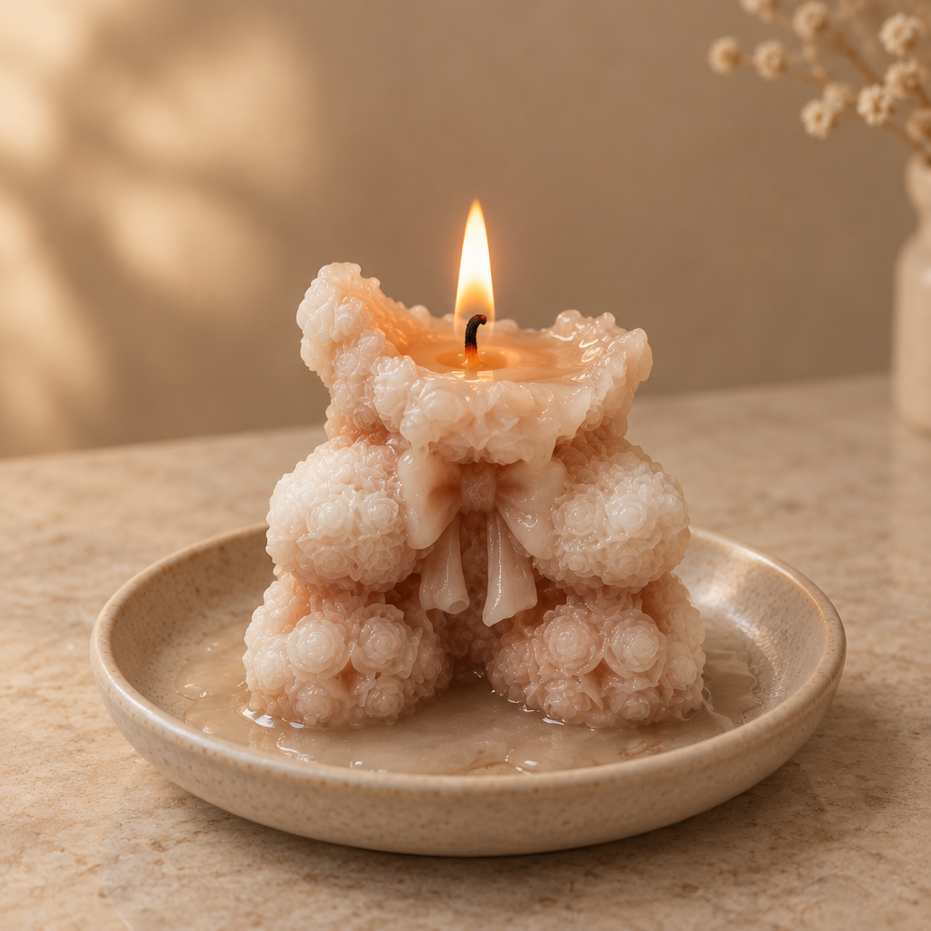 One teddy candle approximately halfway melted and burning