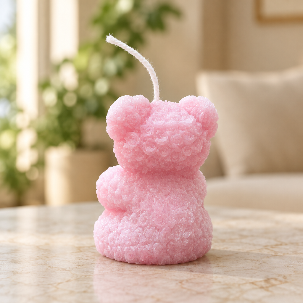 Pink teddy candle rear view, home décor setting