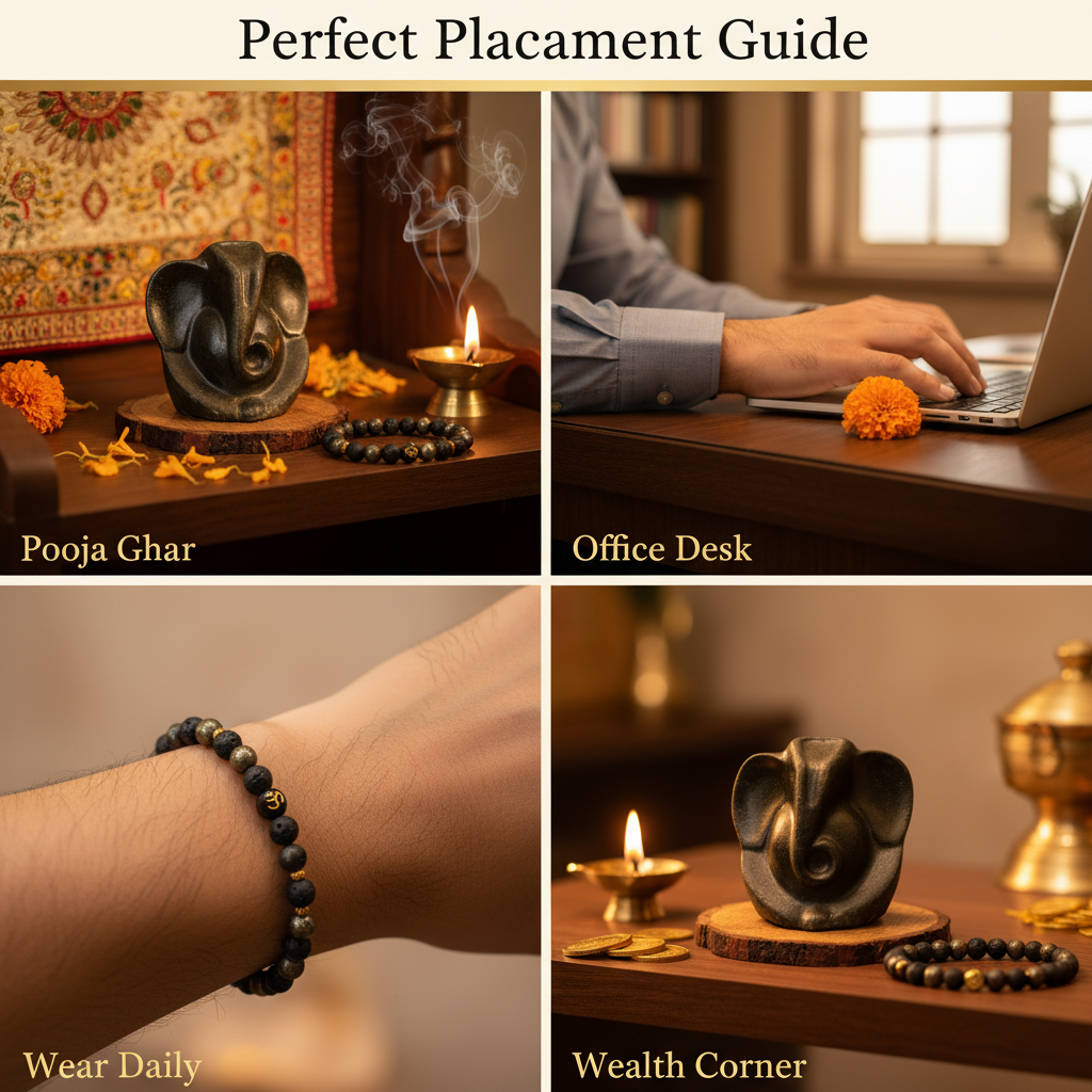 Pyrite Ganesh Ji Murti with OM Bracelet Placement Guide