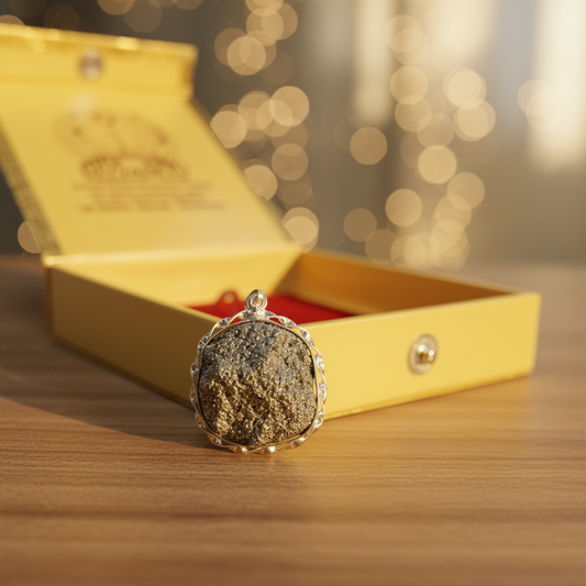 Pyrite Pendant Front View with Box – Lifestyle Shot 2