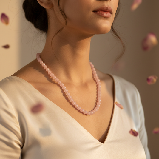Rose Quartz Mala – Single Strand Neck Close-up