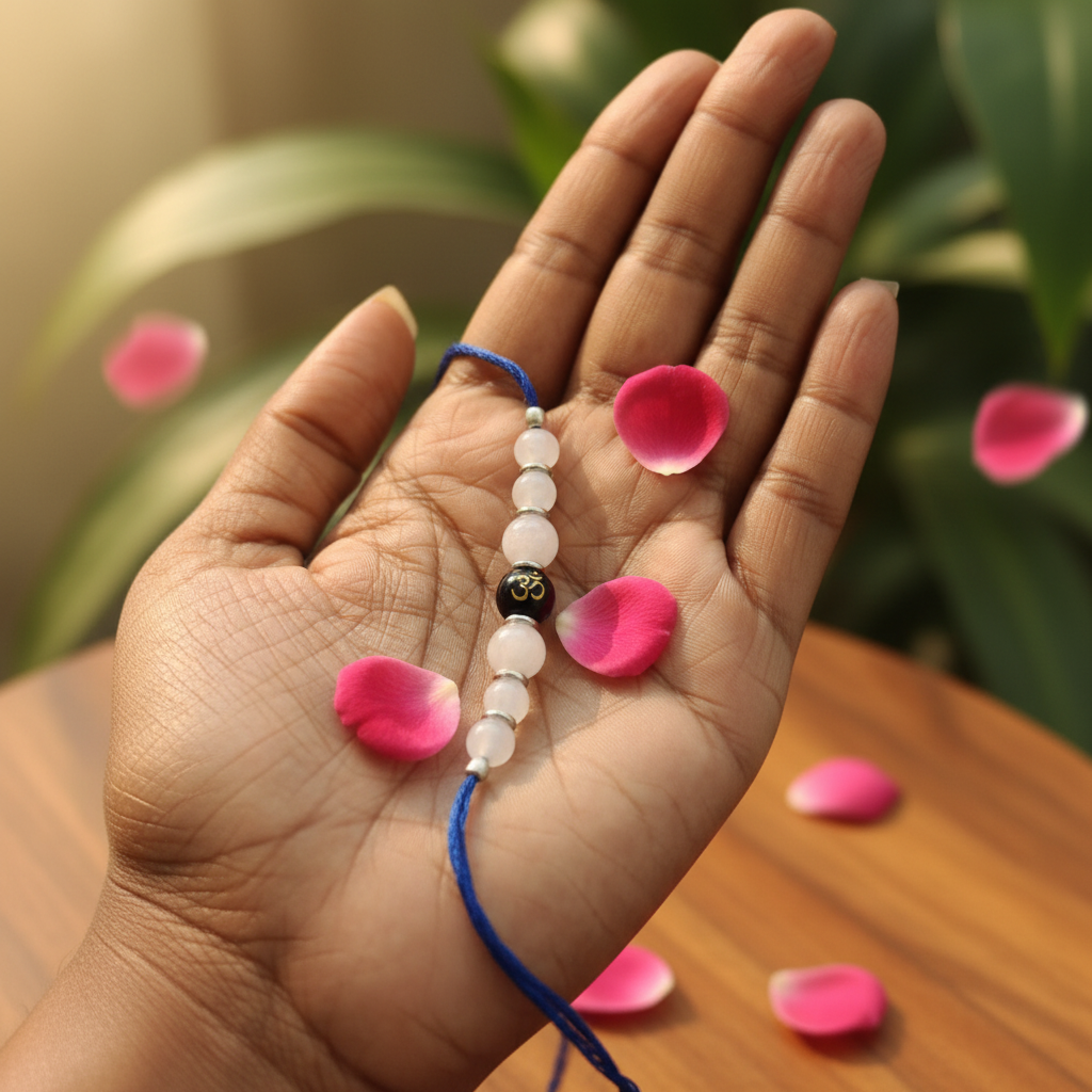 Rose Quartz OM Rakhi in Palm - BG Changed with Rose Petals