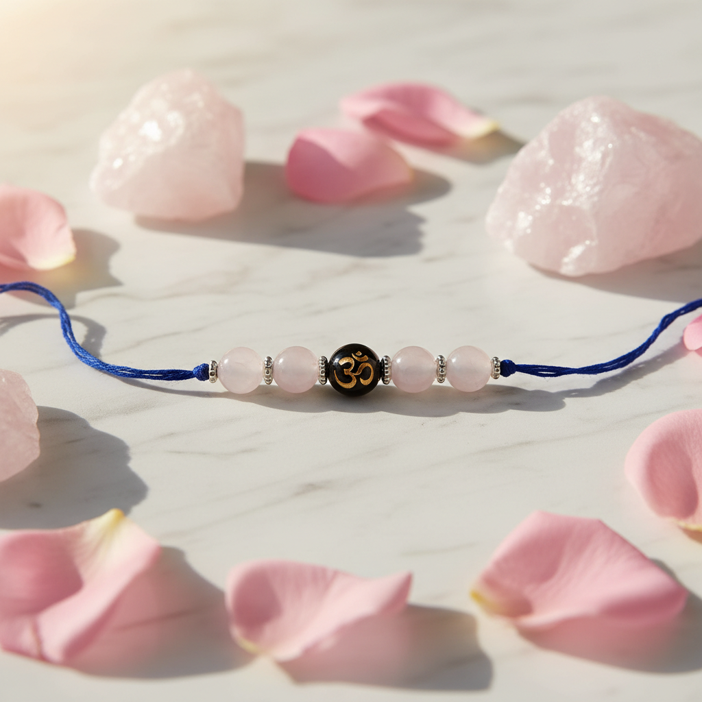 Rose Quartz OM Rakhi with Raw Crystals & Rose Petals