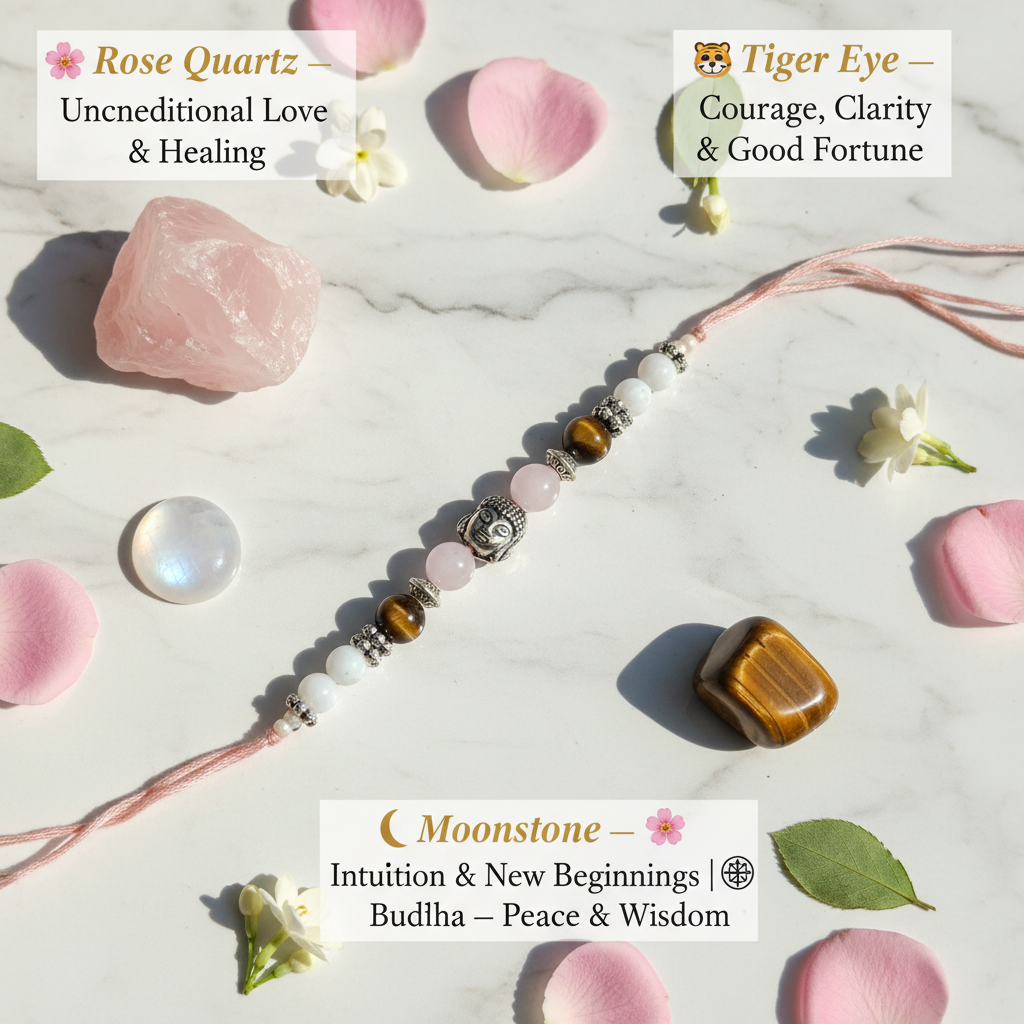 Rose Quartz Tiger Eye Moonstone Rakhi Benefits Image