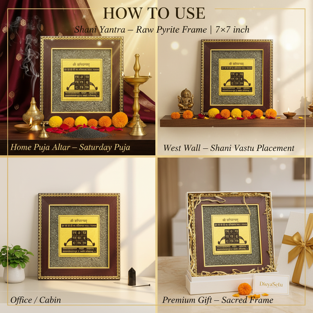 Shani Yantra Raw Pyrite Frame – "How to Use" Premium Lifestyle Collage