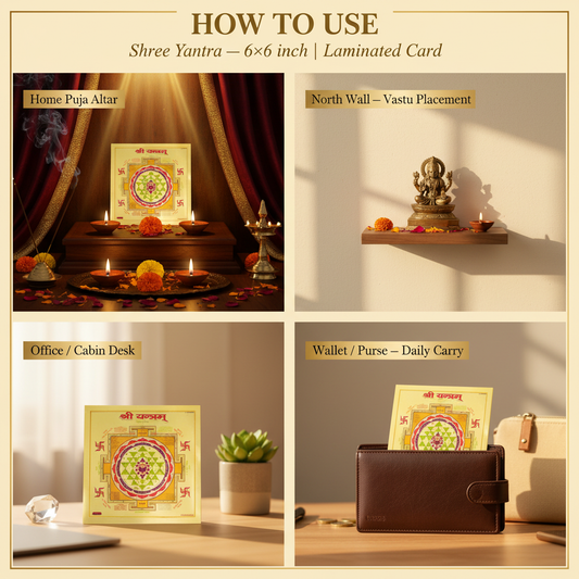 Shree Yantra 6x6 inch – "How to Use" Premium Lifestyle Collage