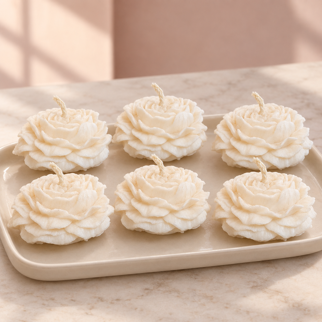 Six White Rose Candles in a soft aesthetic setting