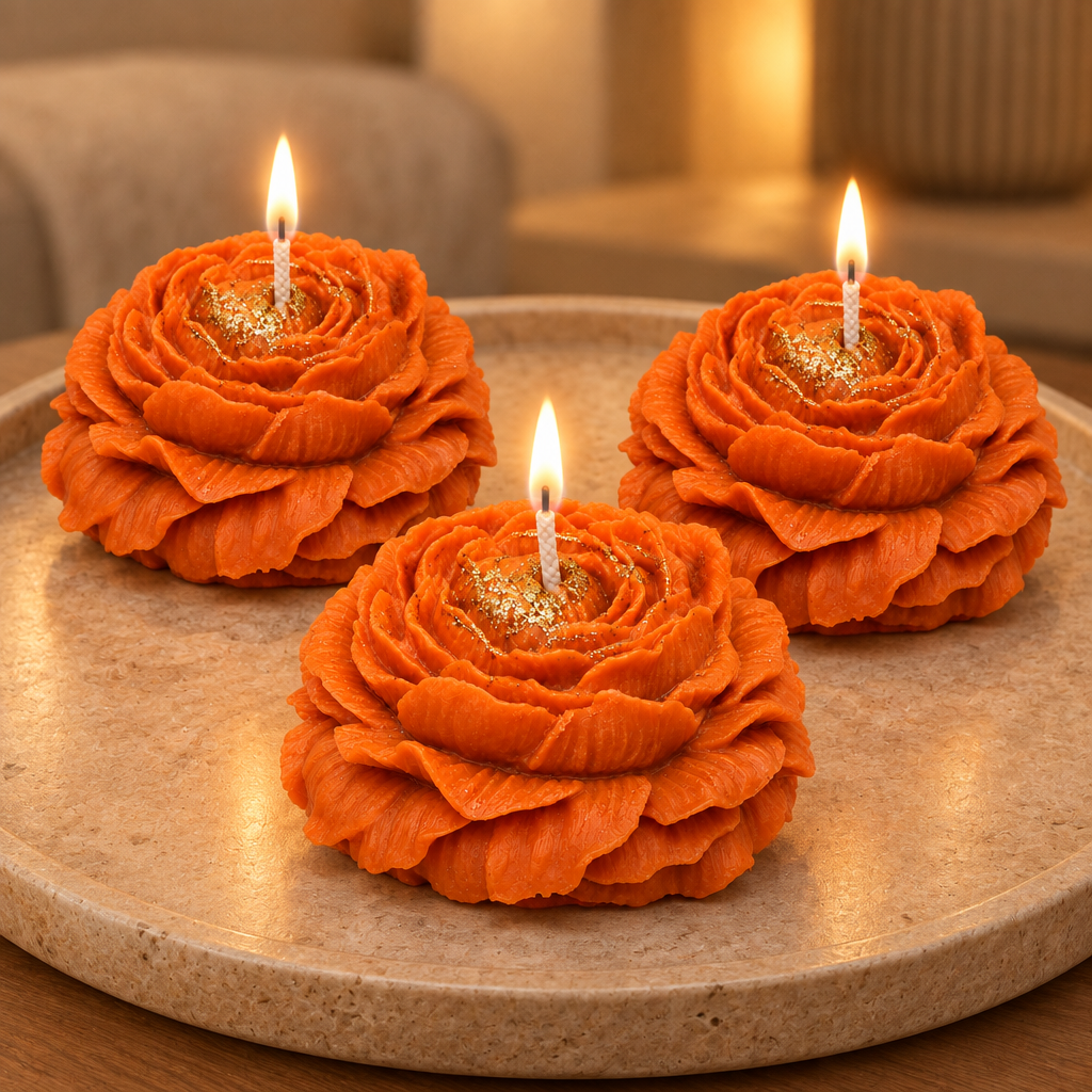 Three burning orange rose candles in one frame