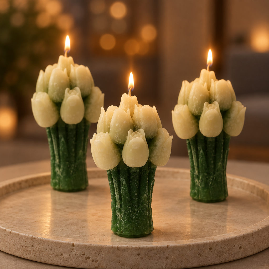 Three lit tulip candles on a stone tray