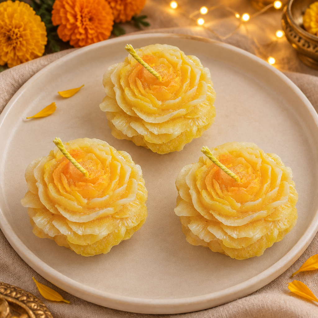 Three yellow rose candles in a festive setting