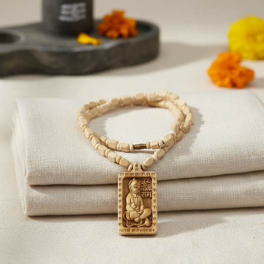 Tulsi Mala with Carved Hanuman Pendant - Top View Premium