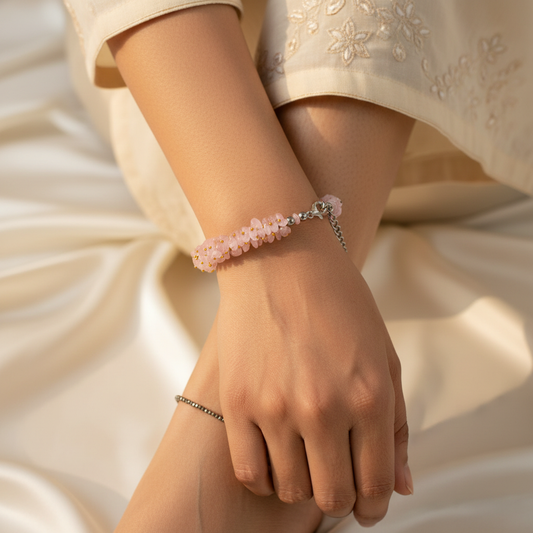 Woman in Kurta Wearing Rose Quartz Bracelet and Pyrite Anklet - Corrected