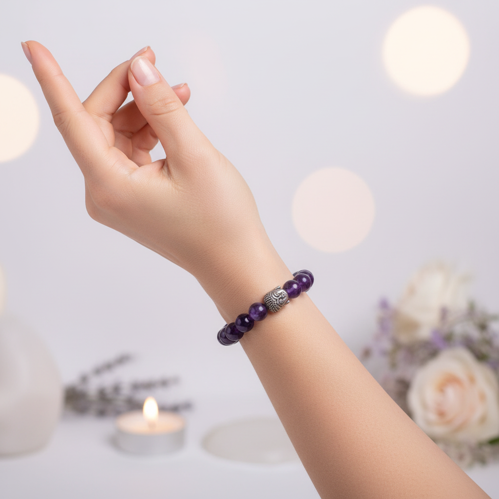 Woman wearing amethyst bracelet with Buddha - wrist shot