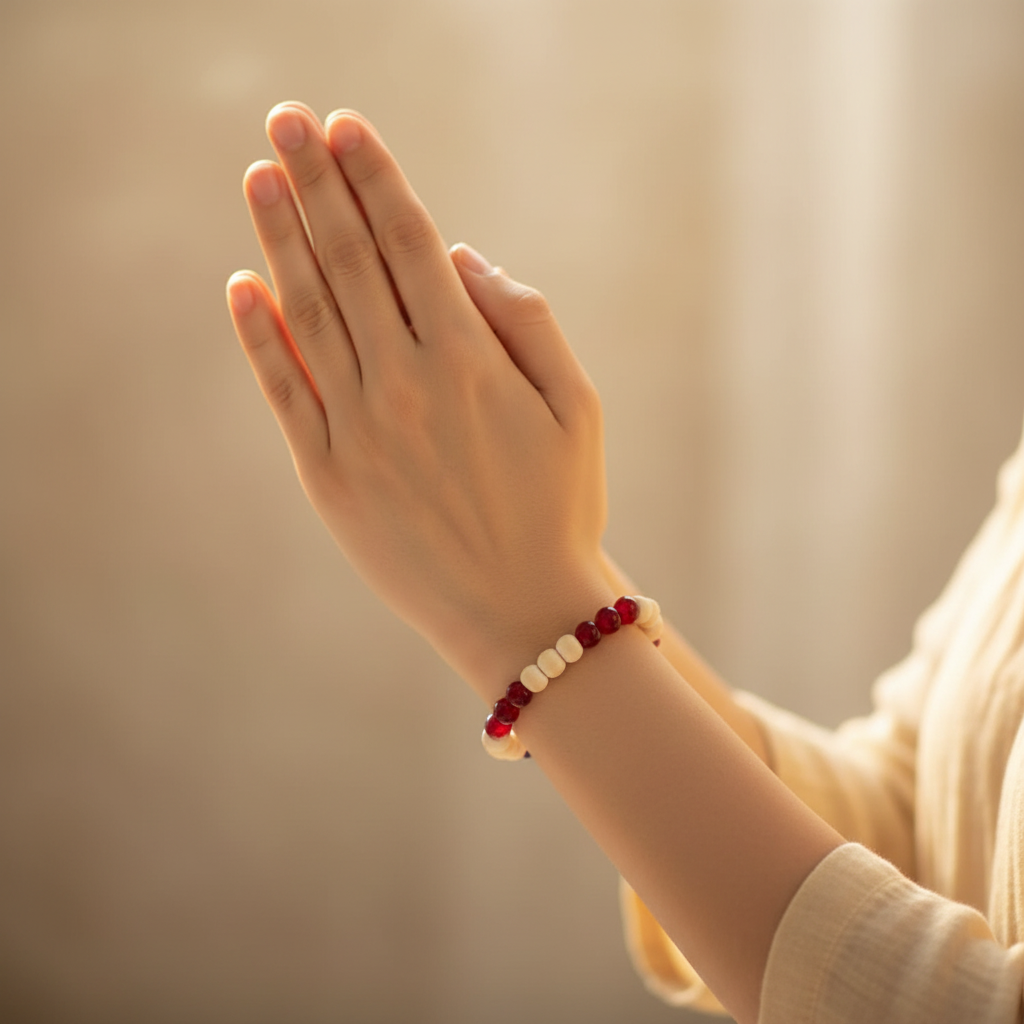 Woman wearing Red Agate with Tulsi bracelet - wrist shot