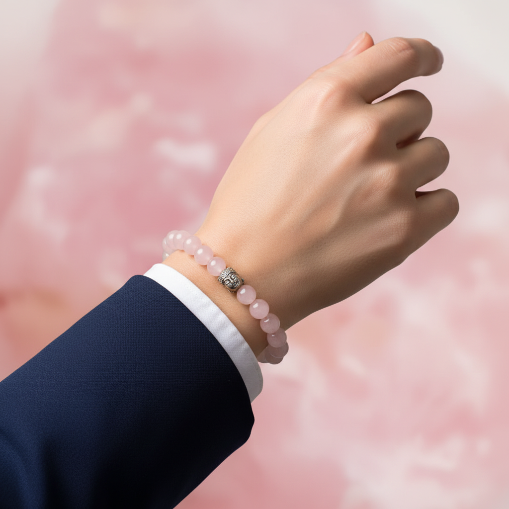 Woman wearing Rose Quartz Bracelet with Buddha - professional wrist shot