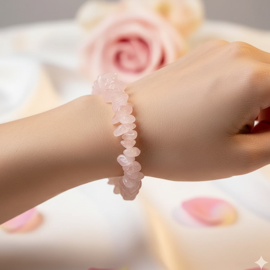 Woman wearing Rose Quartz chip bracelet - wrist shot