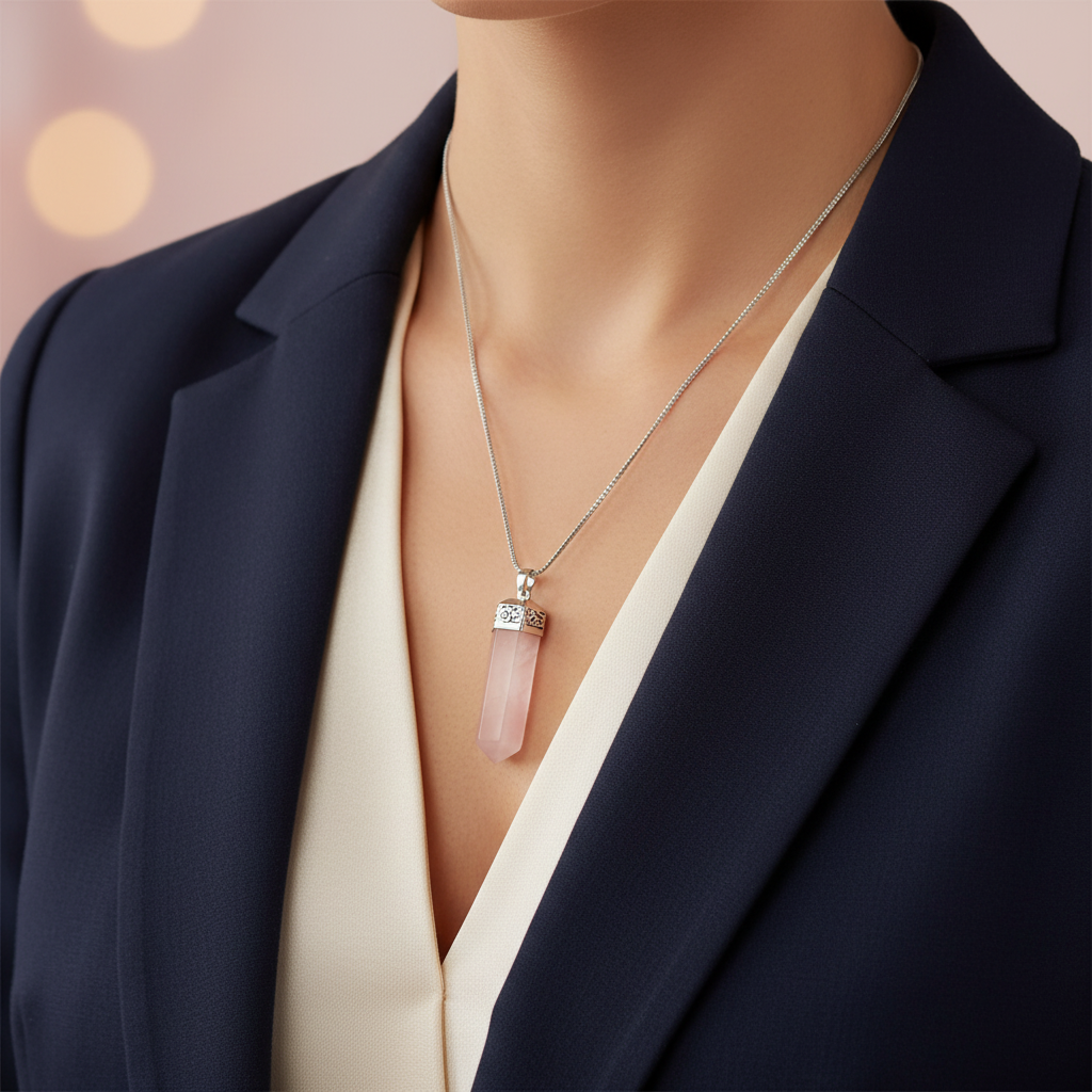 Woman wearing Rose Quartz Crystal Pendant Necklace - professional close-up